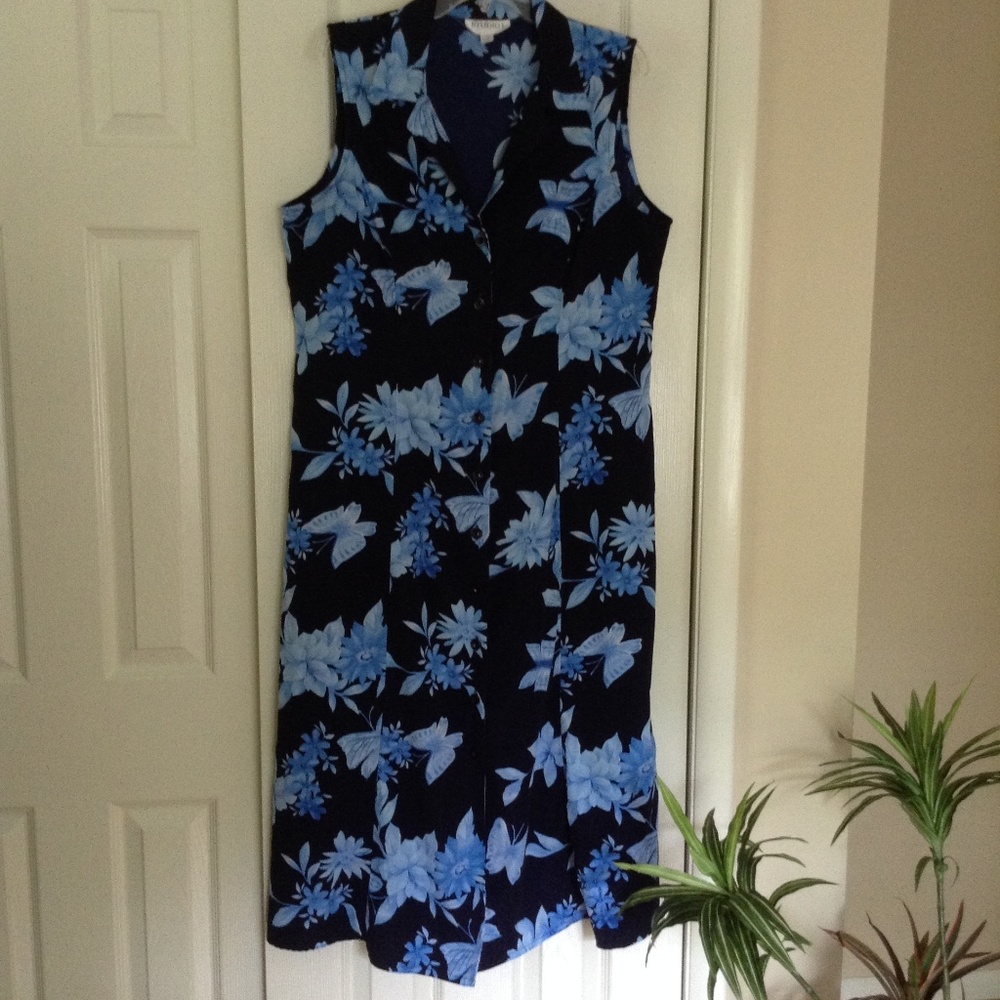 Studio I Blue Floral Sleeveless Shirt Dress